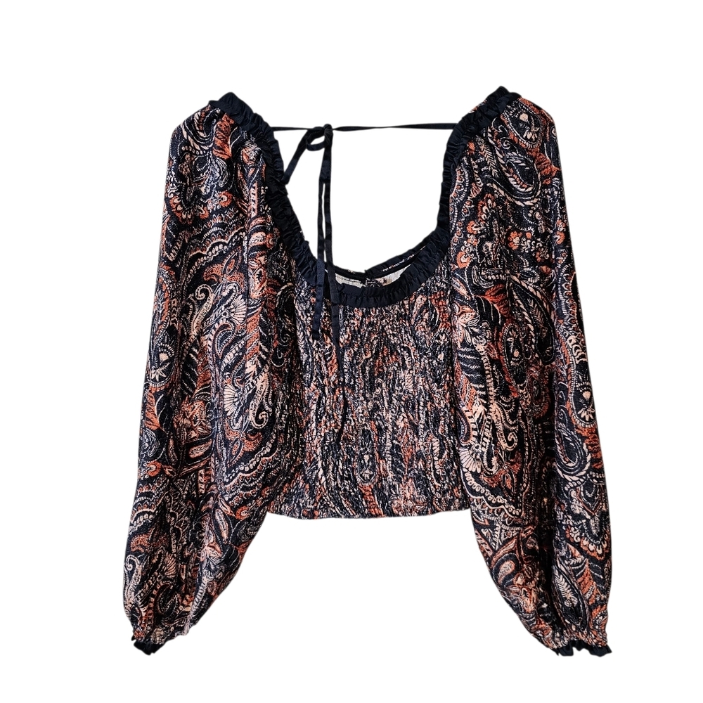 Free People Dare Me Velvet Paisley Cropped Ballon Sleeve Open Back Blouse - Picture 3 of 10